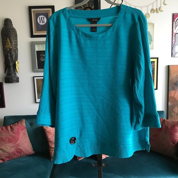 ALI MILES size 1X Blue Textured Artsy Stretch Jersey 3/4 Sleeve Tunic Lagenlook - Picture 1 of 6